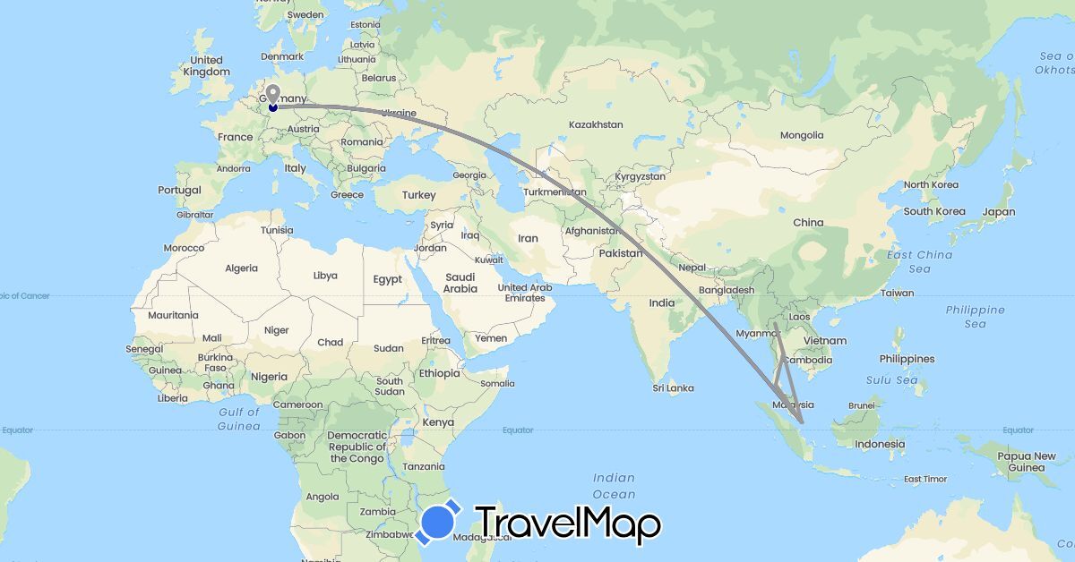 TravelMap itinerary: driving, plane in Switzerland, Singapore, Thailand (Asia, Europe)